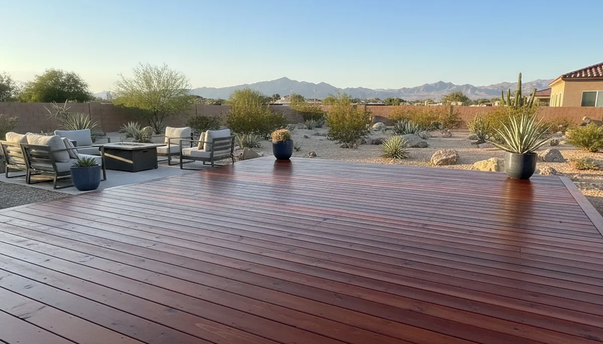 Finished deck staining by professional painters in Las Vegas, NV highlighting restored wood finish