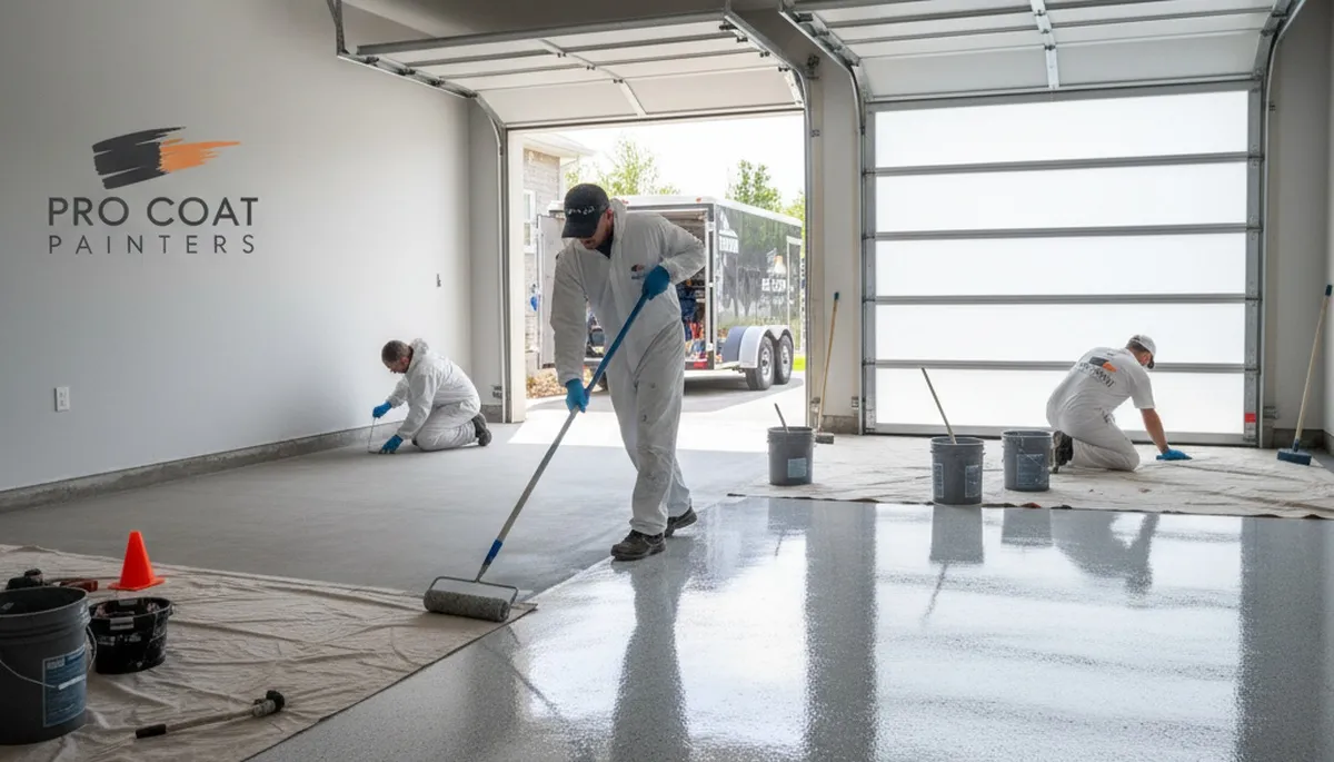 Garage floor epoxy coating in Las Vegas NV applied by professional painters for durable concrete protection
