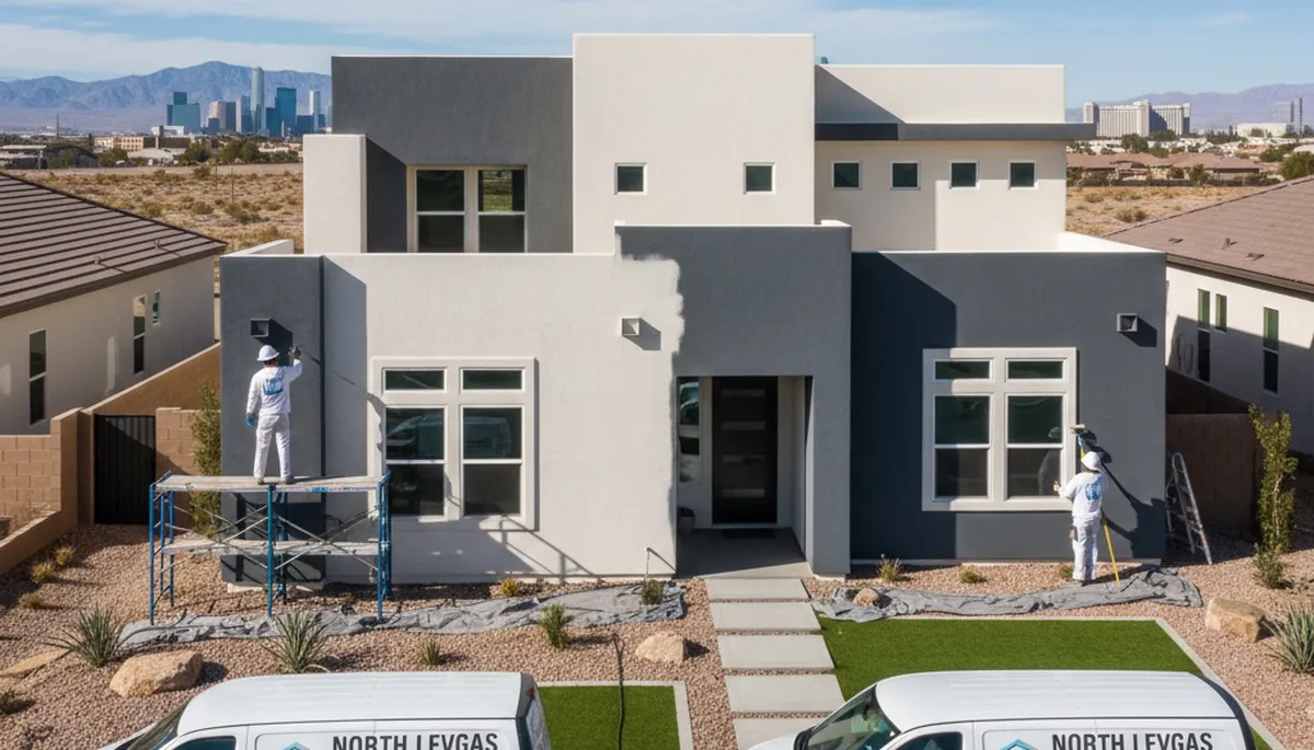 Professional exterior house painters working on a stucco home in Las Vegas, NV