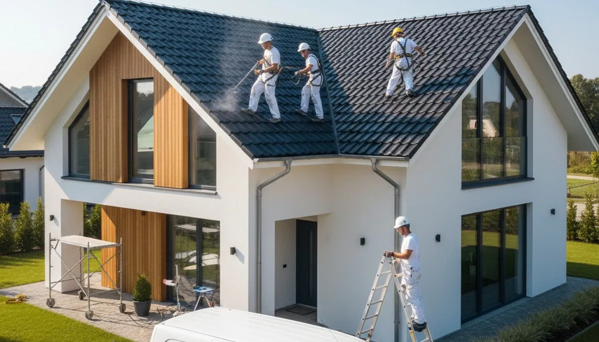 Professional roof painters applying reflective coating in Las Vegas NV to protect homes from desert heat